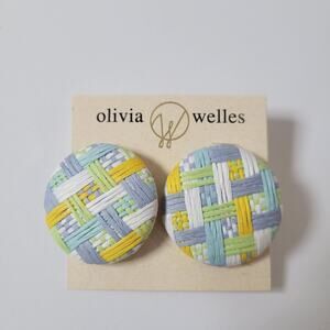 Olivia Welles Large Round Woven Button Post Pastel Earrings Coastal Grandma - -